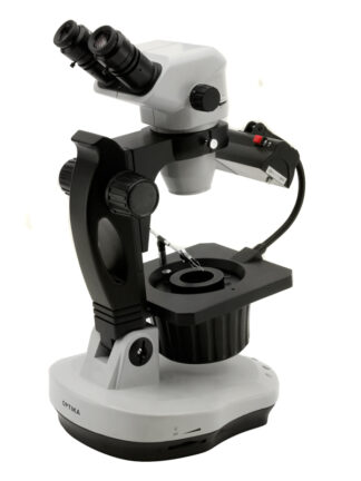 Gemmologisk binokulært stereomikroskop, vippe stativ, fluorescerende pære (indfaldende) & halogen pære (transmitteret)-0