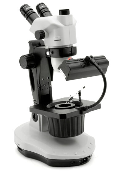 Gemmologisk trinokular stereomikroskop, vippe stativ, fluorescerende pære (indfaldende) & halogen pære (transmitteret)-0